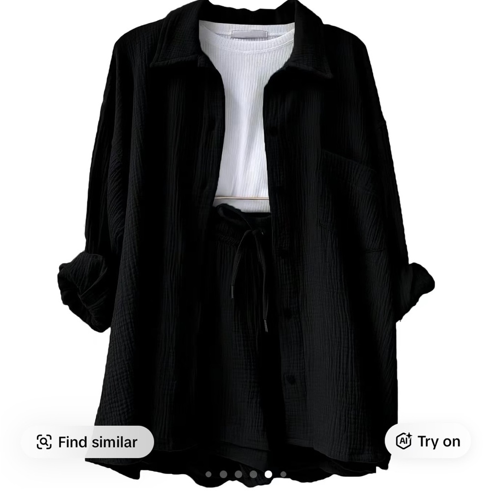 Black Two-Piece Set with Long Sleeve Shirt and Shorts